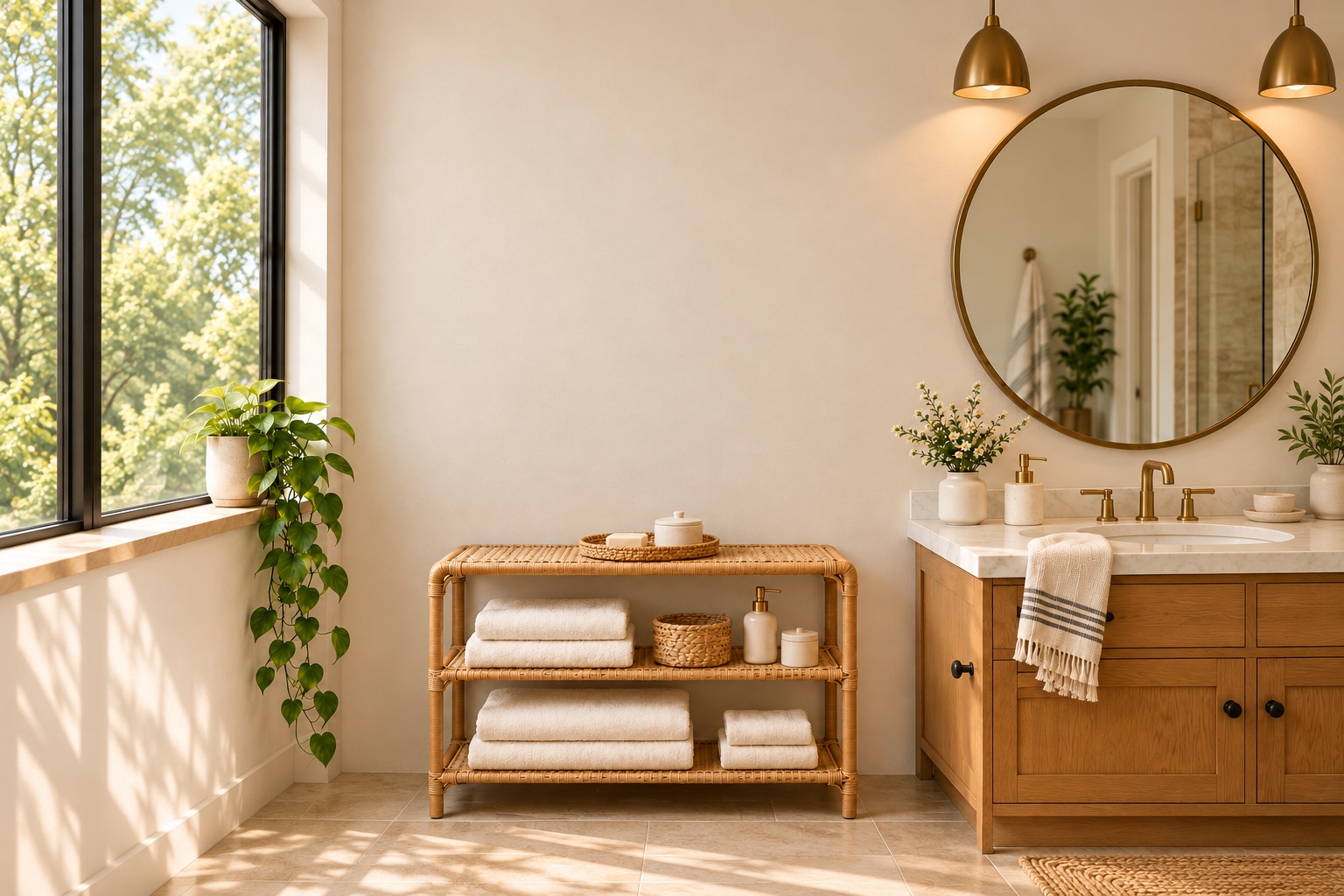Baño cálido con mueble bajo de mimbre, toallas y pared libre para colocar una obra