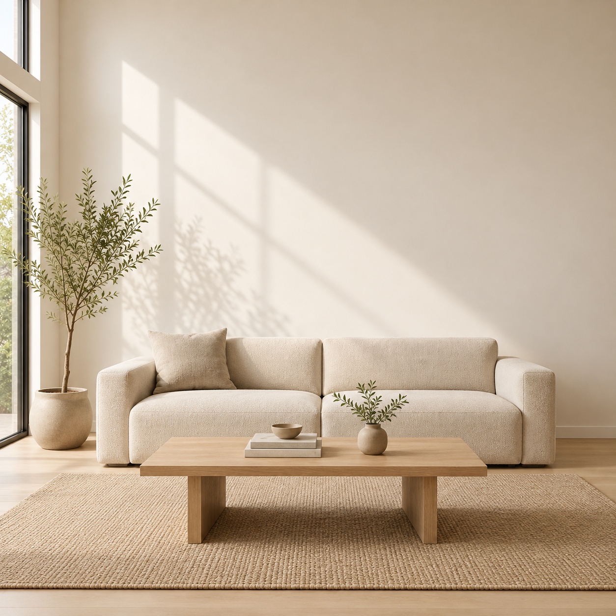 Sala frontal con sofá crema, mesa de roble, alfombra tejida y luz natural desde la izquierda