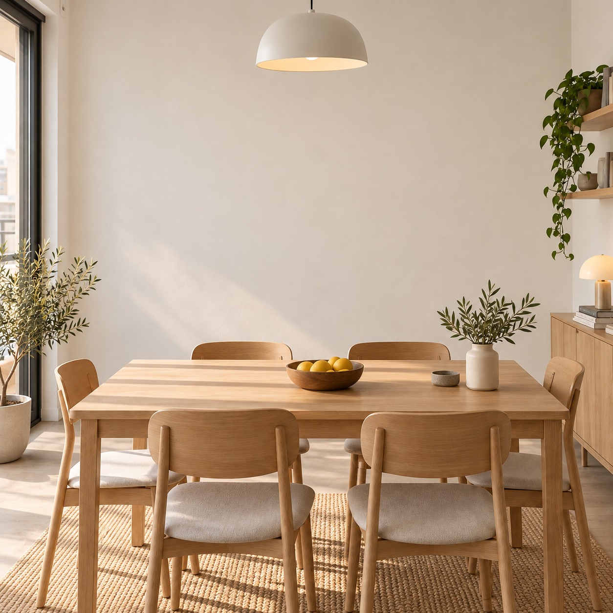 Comedor cálido con mesa y sillas de roble, ventana y mueble lateral