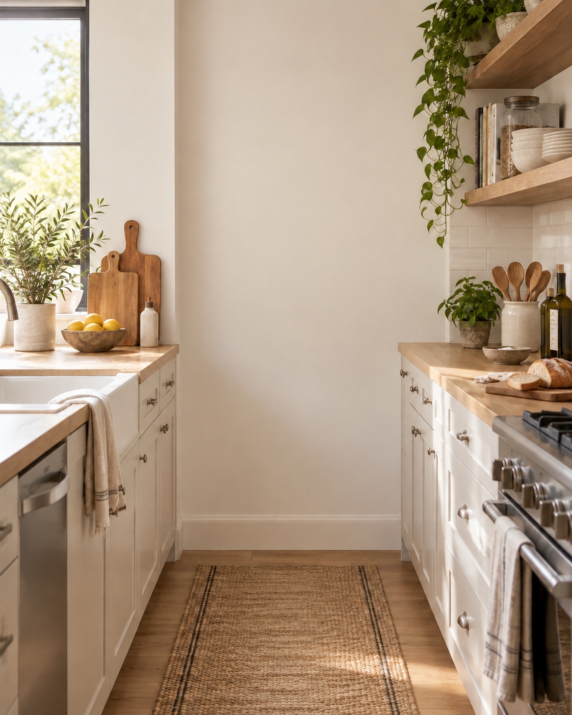 Cocina luminosa con muebles laterales de roble y pared central libre hasta el suelo