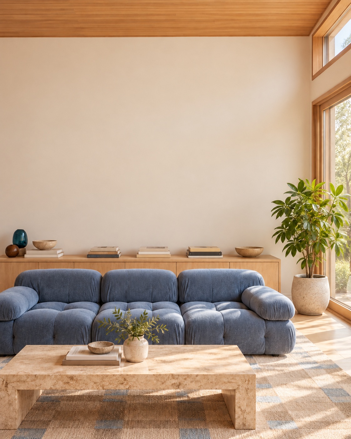 Sofá azul con cómoda de roble, mesa de travertino y planta en maceta de cerámica