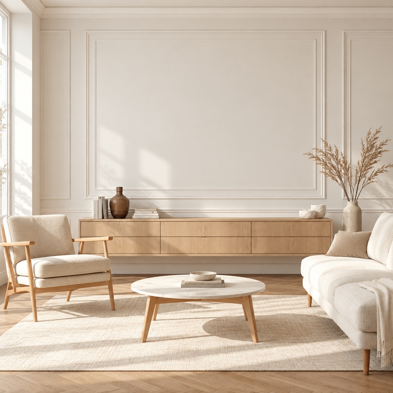 Sala crema con panel amplio de molduras, cómoda de roble y luz natural lateral